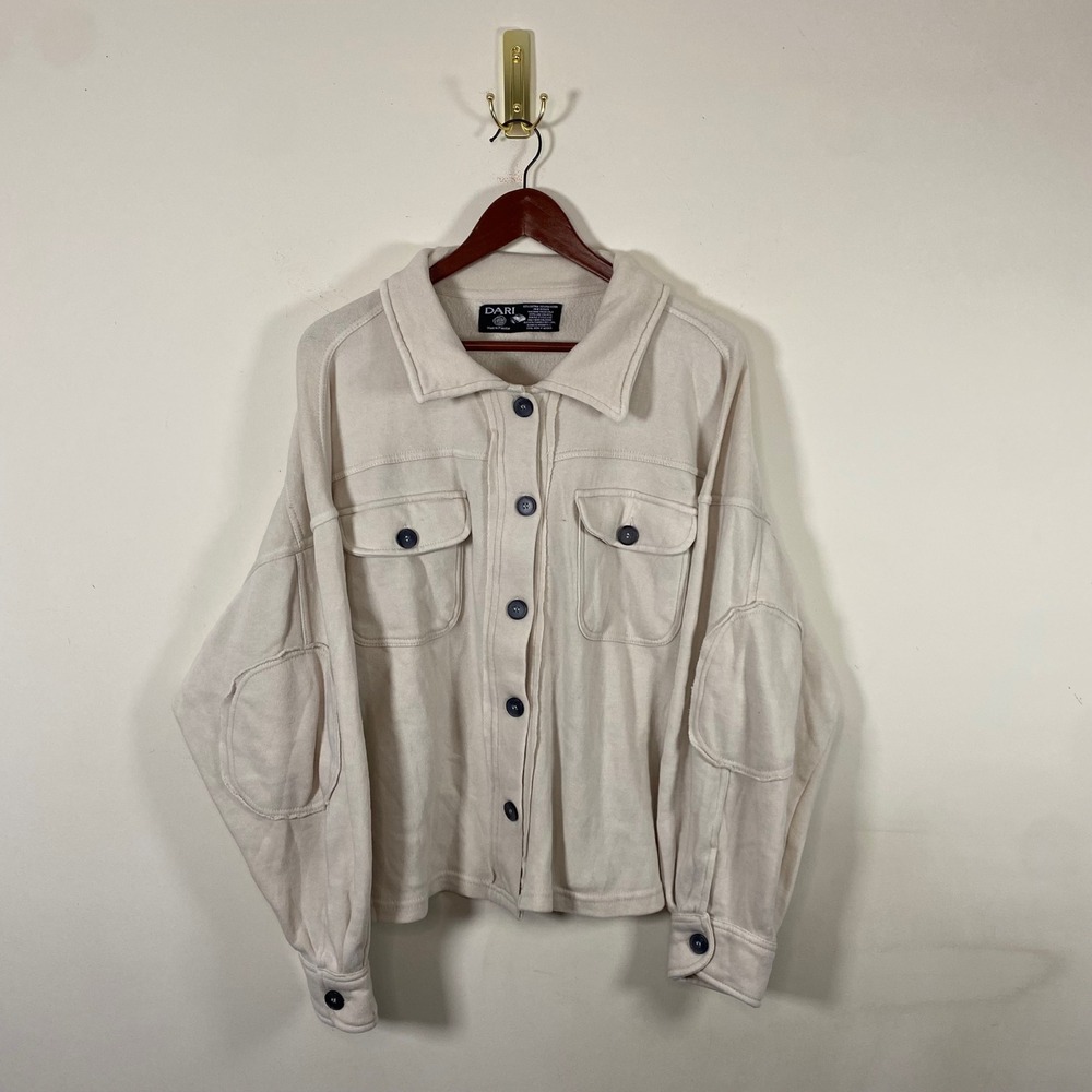 Lightweight Jacket Womens Beige Cream Button Down Shacket Long Sleeve Patchwork